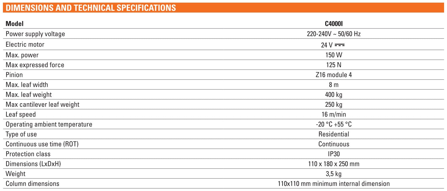 Specification of FAAC C4000I SLIDING GATE 24V GEAR MOTOR