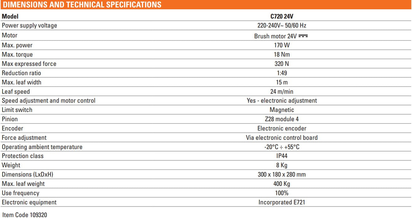 specification of FAAC C721 Sliding Gate Operator for Gates Up to 400Kg