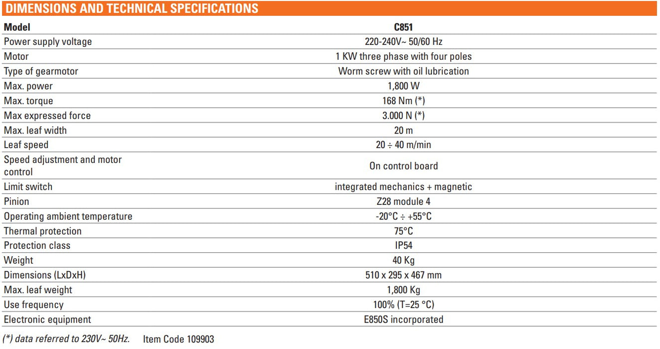specification of FAAC C851 Fast Operating Sliding Gate Operator