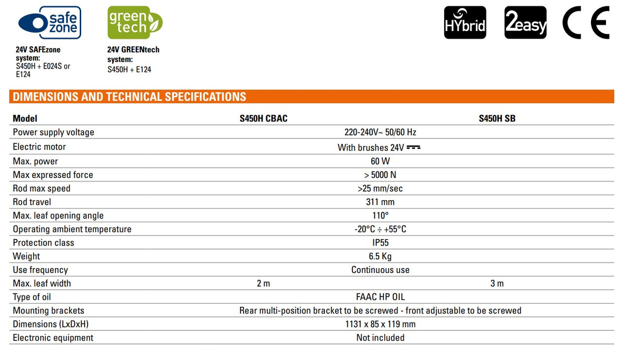 specification of FAAC S450H CBAC Hydraulic 24V Swing Gate Operator